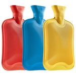 Hot Water Bottle Large 1.8L Rubber Hot Water Bag 1, 2 or 3 Pack Ribbed Surface One Side for Pain Relief Hot Cold Compress Cramps Back Pain Neck Pain (Blue/Red/Yellow, 3pcs)