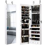 Giantex Wall Door Jewelry Armoire Cabinet with Full-Length Mirror, 2 LEDs Lockable Large Storage Jewelry Organizer with 47.5'' Mirror, Bracelet Rod, Jewelry Amoires with 2 Drawers (White)