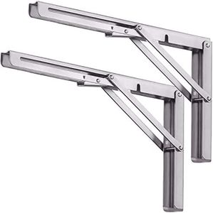 24 inch Folding Shelf Brackets, Pynsseu Heavy Duty Stainless Steel Collapsible Shelf Bracket, DIY Triangle Folding Shelf Bracket Wall Mounted for Table Work Bench Space Saving, 2 Pack