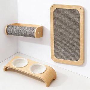 Cat Wall Shelves for Cat Wall Steps, Perch, Ladder, Wooden Floating Modern Mounted Space Saving Furniture with Scratching Cushion Removal Cover for Climbing, Jumping and Sleeping(Feeding Bowl Set)