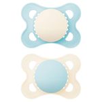 MAM Original Soother 2-6 Months (Pack of 2), Baby Soother Made from Sustainable Material, SkinSoft Silicone Teat, with MAM Soother Case, Blue (Designs May Vary)