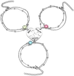 Zysta Bracciale Amicizia per 2/3/4 Migliori Amiche in Acciaio Inox, BFF Bracciali Puzzle Diviso Incisione a Cuore Ciondolo Portafortuna per Amici, Bracciale a Catena con Perline a Strati (3 Persone)