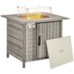 Outsunny Rattan Gas Fire Pit Table, 14.5 KW Square Smokeless Propane Gas Fire Pit with Rain Cover, Wind Guard, Lid, Spark Guard Mesh, Lava Rocks, Outdoor Garden Dining Table with Heater, Grey