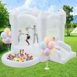 HOMMOW Inflatable White Bounce House,Indoor & Outdoor Bouncy Castle with Air Blower,Ball Pool and Slide for Wedding Party Kids Birthday Party