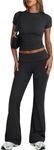 Trendy Queen Lounge Sets For Women 2 Piece Casual Y2K Outfits Short Sleeve Cropped Tops Fold Over Flare Pants Tracksuits, Black, Small