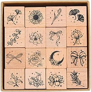 Cliocoo 16cs Wood Rubber Stamp Set, Botanical Decorative Wooden Stamp Set, Bowknot Flower Leaf Stamp for Art Craft, Journal, Diary, Scrapbook, Planner, Letter, Card Making M-26 (2-Bowknot Flower)