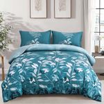 Teal Blue Duvet Cover Double Teal Blue Floral Bedding Set, Reversible Lightweight Leaves Bedding Sets 3pcs with Zipper Closure (Double, 200x200cm)