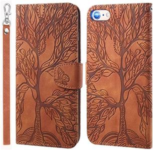 LEINOTWANCH Funda Compatible con Apple iPhone 6/iPhone 6s,Árbol de la Vida y Mariposa patrón en Relieve,Flip Leather Edition,[magnético,función de Soporte y Ranuras para Tarjetas]-Marrón