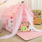 YOIKO Kids Tents Indoor Playhouses Girls 9.9Ft Star String Lights Pink Tent for Girls Upgraded Large Kids Indoor Tents and Playhouses Longer Curtain with Colorful Accessories Decoration 50.4" x 47.3"