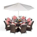 Arizona Luxury Rattan Dining Set | Round 8 Seater Brown Rattan Dining Set | Outdoor Poly Rattan Garden Table & Chairs Set | Wicker Garden Dining Furniture with Parasol, Cover & Lazy Susan