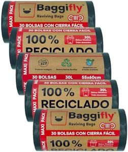 Baggifly - Bolsas de Basura 30L - 150 bolsas - 5 Rollos de 30 Bolsas de basura - Material 100% Reciclado - Ideal para Uso Doméstico - Bolsas de basura Superresistentes - Con asas/Cierra fácil