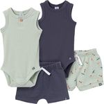 Modern Moments by Gerber Baby Boys' Ribbed 4-Piece Sleevless Bodysuit & French Terry Short Set, Green/Navy, 18 Months