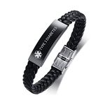 PJ JEWELLERY Type 1 Diabetes - Black Stainless Steel Braided Leather Medical Alert Bracelet Customise Diabetic ID Bracelet for Men's,SOS Emergency Life Awareness Bracelet,Adjustable