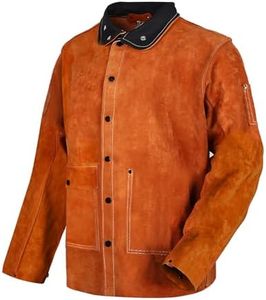 QeeLink Leather Welding Jacket - Flame-Resistant Heavy Duty Work Welder Jackets - Split Cowhide Welding Coat for Men Women (5X-Large)