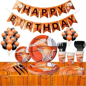 102 Piece Basketball Party Supplies Set Including Banner, Plates, Cups, Napkins, and Tablecloth, Serves 25