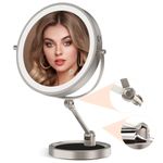 Rocollos Lighted Makeup Mirror with 1X/10X Magnification, Height Adjustable & 3 Color Dimmable Lights 9" Rechargeable Vanity Mirror 360°Swivel Double Sided Tabletop Standing Mirror (Nickel, 9INCH)