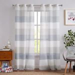 Central Park Gray and Smoke Blue Stripe Sheer Color Block Window Curtain Panel Linen Window Treatment for Bedroom Living Room Farmhouse 84 inches Long with Grommets, 2 Panel Rustic Drapes