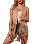 Hotouch Hippie Vest Women Cowgirl Top Fringe Jackets Faux Suede Open Front Tassel Western Leather Vest Cowboy Outfits 70s Costume 80s Accessories Khaki XXL