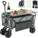 YITAHOME Folding Wagon w/Table Plate, Large Capacity Collapsible Wagon Cart, Adjustable Handle Height Foldable Utility Garden Cart, Outdoor Beach Wagon for Camping, Shopping, Sports, Garden - Grey