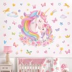 wondever Large Unicorn Wall Stickers Rainbow Baby Unicorn Butterfly Stars Peel and Stick Wall Art Decals for Baby Girls Nursery Kids Bedroom