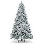 Goplus 9FT Artificial Christmas Tree, Snow Flocked Hinged Pine Tree, Premium PVC Needles/ Solid Metal Stand, Xmas Full Tree for Indoor and Outdoor