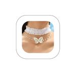 Kenjudess White Lace Butterfly Choker Necklace 2pcs Layered Pearl Necklace with Butterfly Pendant Lolita Cosplay Collar Necklace for Women and Girls