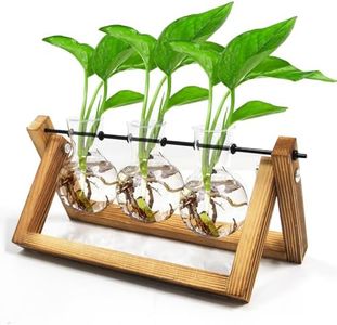 Desktop Plant Propagation Stations Terrarium Glass Desktop Planter with Retro Wooden Stand 3 Bulb Vases for Hydroponics Indoor Office Desk Home Decor, Plant Holder Lover Gifts