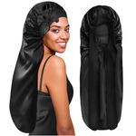 BONNET QUEEN Extra Long Bonnet for Sleeping Silk Bonnet for Braids with Tie Band Satin Bonnet Hair Sleeping Cap for Women Dreadlock Locs, Black