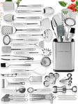 29 pcs Kitchen Utensils Stainless Steel - Non-Stick Kitchen Utensils Set - Stainless Steel and Silicone Cooking Utensils Set - Kitchen Tools Gadgets Accessories Spoons Turners Spatula Ladle Set