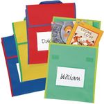 Really Good Stuff Store More Medium Book Pouches – Send Home Books and Homework in Durable Fabric Book Bag – Stitched-On Handle, Clear Name Tag Pocket, Primary Colors, 10”x1”x12” (Set of 4)