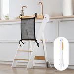 COSYLAND Foldable Kids Standing Stool with Safety Net – Height-Adjustable Folding Step Stool for Cooking & Learning – Ages 18 Months–6 Years (Natural & White)