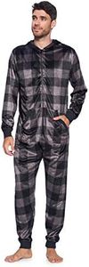 Ashford & Brooks Men's Adult Mink Fleece Hooded One-Piece Union Suit Pajamas - Charcoal Buffalo Check - Medium