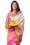 SGF11 Women's Kanjivaram Pure Soft Silk Handloom Saree Pure Golden Zari With Blouse Piece (White)