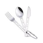 3Pcs Camping Cutlery Set 430 Stainless Steel Flatware Travel Cutlery Set QQ CAT Tableware Kit for Knife, Fork and Spoon Set with Carabiner for Hiking Picnic, Office On-The-Go