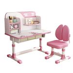 Reheyre Children Study Desk and Chair Set, Pink Desk Set with Adjustable Height, Drawers and Storage, Cartoon Pattern Childs Learning Tables and Chairs for Kids, Girls (Double Back Pink)