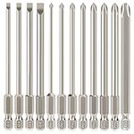 Hakkin 12Pcs 100mm Long Magnetic Flat Slotted Phillips Cross Head Screwdriver Bit Set S2 Steel 1/4” Hex Shank Screw Driver Impact Drill Bits for Furniture Assembly