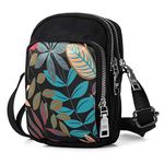 LaRechor Small Crossbody Phone Bags for Women, Mobile Phone Pouch, Mini Shoulder Bag, Long Strap, 3 Zippers, Black with Leaves Pattern