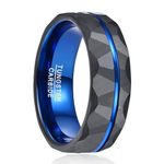 VAKKI Mens Black Wedding Rings 8mm Tungsten Carbide Rings with Blue Groove Wedding Band Hammered Finish Comfort Fit Size Q