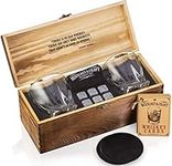 Mixology & Craft Whiskey Stones Gift Set - Pack of 6 Granite Chilling Rocks w/ 2, 10 oz Whiskey Glasses in Wooden Box - Whiskey Gifts for Men on Birthday, Father's Day, or Christmas