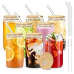 sungwoo Glass Cups with Bamboo Lids and Straws, 16OZ Ice Coffee Cup, Drinking Cup Set with Wooden Lids, Home Essential Glass Tumblers for Beer, Cocktail, Tea and Latte Clear (8)