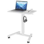 BONTEC 65 × 45cm Mobile Standing Desk with 4 Rolling Castors, Stand Up Desk on Wheels, Height Adjustable Standing Desk, Over-bed Table for Living Room, Bedroom, Medical(White)