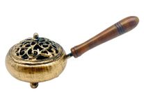 Iron Charcoal Burner with Lid & Wood Handle, 9" Golden Finish, Burner for Incense, Charcoal Burner with Handle