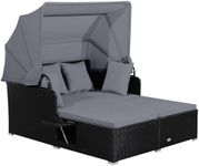 Tangkula Patio Rattan Daybed with Retractable Canopy, Patiojoy Wicker Sun Lounger with 2 Foldable Side Panels, Thick Seat & Back Cushions, for Garden, Backyard, Porch (Grey)