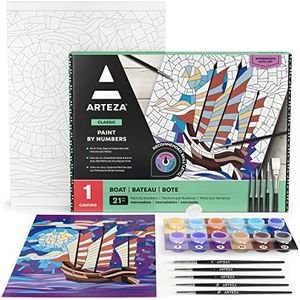 Arteza Paint by Number for Adults, 12x16 Inches, 21 Pieces, Boat Paint by Numbers Kit, Comes with 1 Canvas Panel, 12 Acrylic Paint Pots, 5 Paintbrushes, Art Supplies for Beginners & Hobby Painters