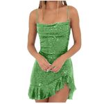 HAOLEI Womens Sparkly Dress Ruffled Mini Bodycon Evening Wedding Guest Dress Sequin Sleeveless Wrapped Dinner Dance Party Dress Elegant Ladies Glitter Sexy Prom Cami Dress Green