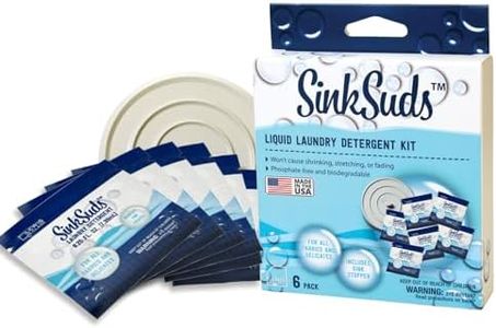 SinkSuds Travel Laundry Detergent Liquid Soap + Odor Eliminator for All Fabrics Including Delicates, (TSA Compliant),6 Sink Packets (0.25 fl oz Each)+1-4in Stopper, White, Single,6 Count (Pack of 1)