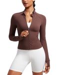 CRZ YOGA Women's Butterluxe Full Zip Running Jacket Pockets Outdoor Sports Cropped Jackets Gym Long Sleeve Top with Thumb Holes Taupe 10