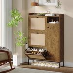 3 Tier Shoe Cabinet with Natural Rattan Flip Drawers for Entryway, Free Standing Shoe Storage Organizer with Adjustable Shelves, Narrow Shoe Rack for Hallway, Living Room, Easy Assembly, Wood Grain