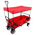 FUXTEC folding wagon - hand cart - garden trolley - carriage of children - outdoor - transport - beach - loose ground - removable canopy - pull handle - 4 wheels - rear bag - cover - CT350 red