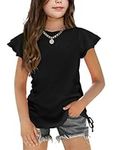 Arshiner Girls T-Shirts Black Short Sleeve Top Kids Summer Top Ruffle Sleeve Casual Round Neck Shirt Children's Clothing with Drawstring 11-12 Years